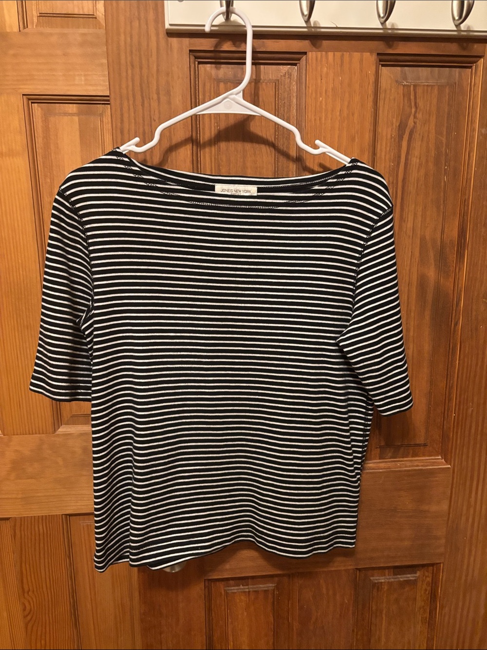 Jones New York Black & White Striped Boatneck Short Sleeve Tee